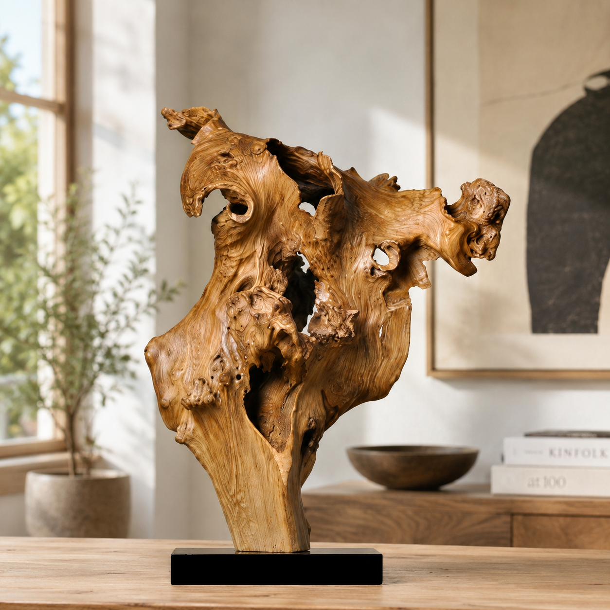 Large Natural Driftwood Sculpture on Black Base, Abstract Wood Root Carving, Organic Wabi Sabi Home Decor, Rustic Wooden Art Centerpiece