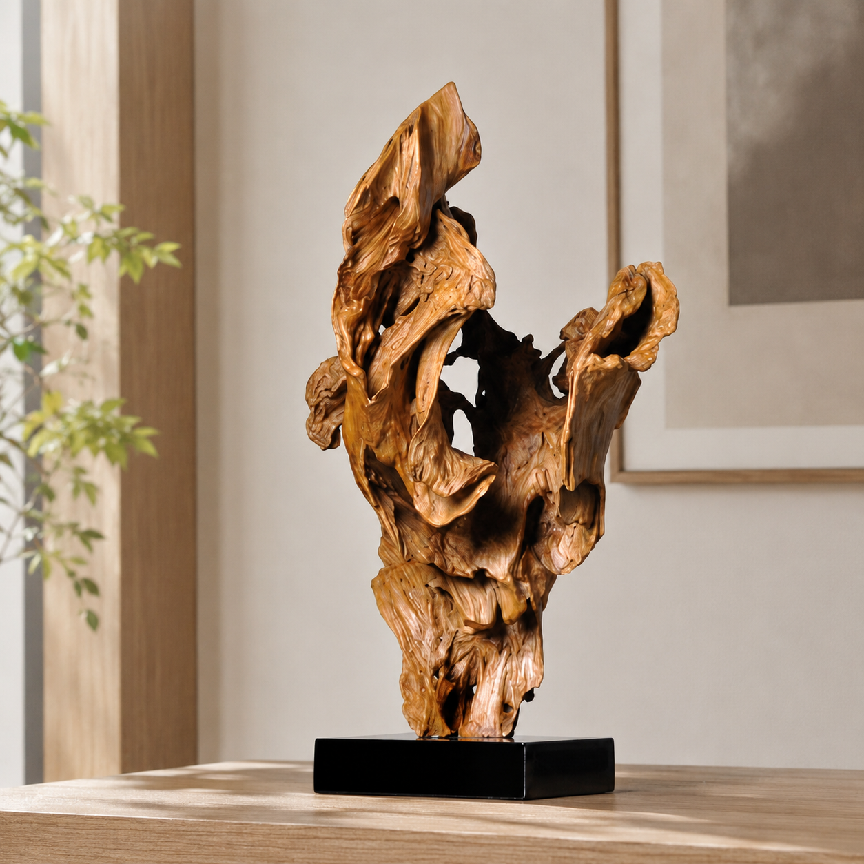 Large Natural Driftwood Sculpture on Black Base, Abstract Wood Root Carving Art, Organic Wabi Sabi Home Decor, Unique Wooden Table Sculpture