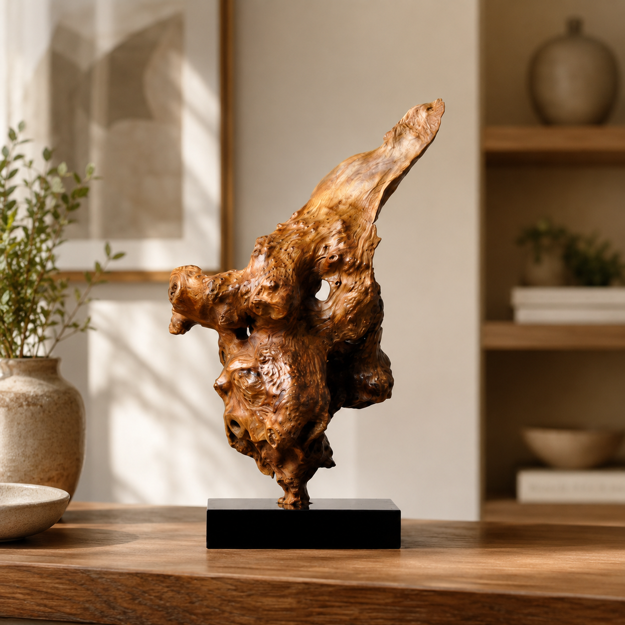 Natural Root Wood Sculpture on Black Base, Abstract Burl Wood Art, Organic Wabi Sabi Decor, Rustic Luxury Shelf Decor
