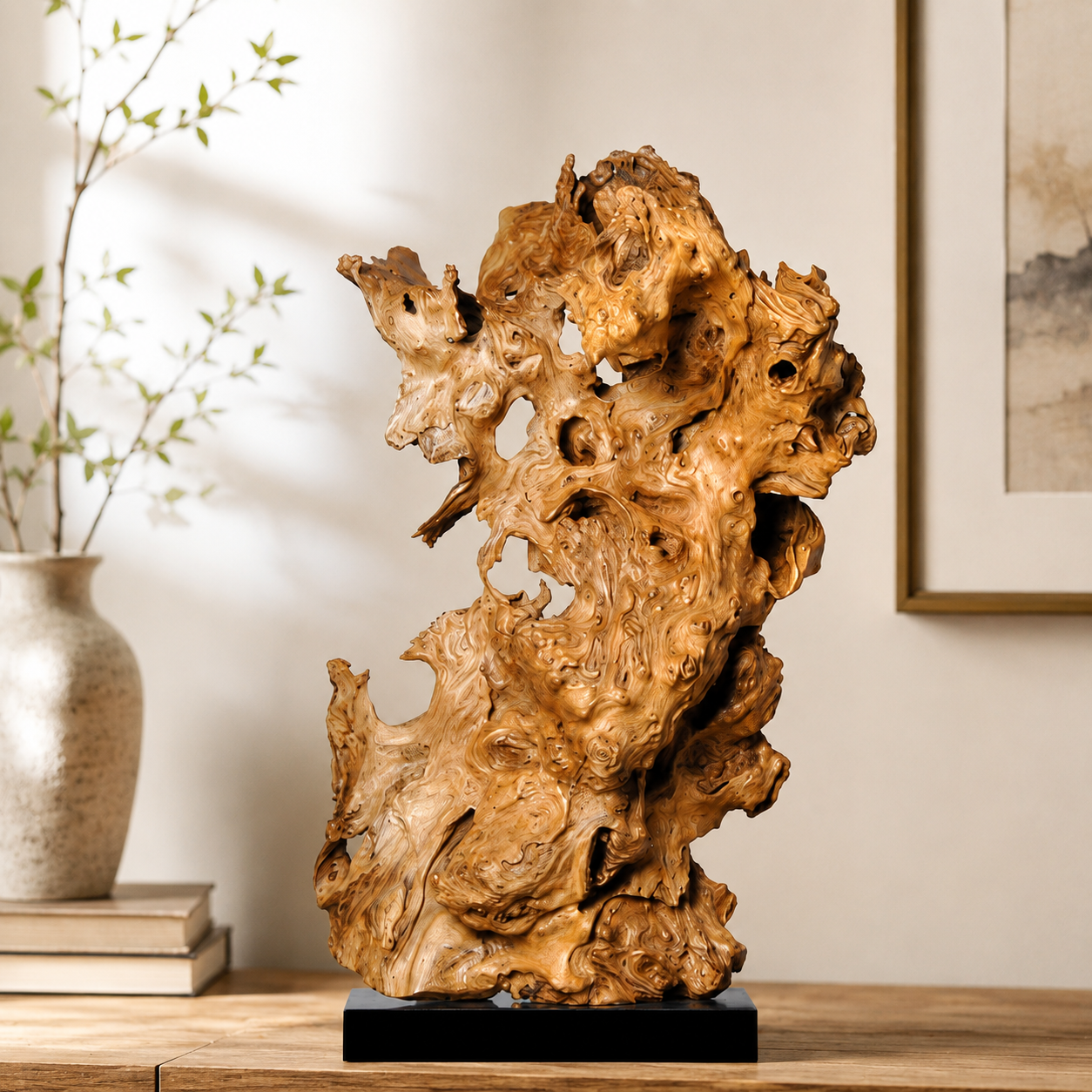 Large Natural Driftwood Sculpture on Black Base, Abstract Wood Root Art, Organic Wabi Sabi Home Decor, Unique Wooden Table Centerpiece