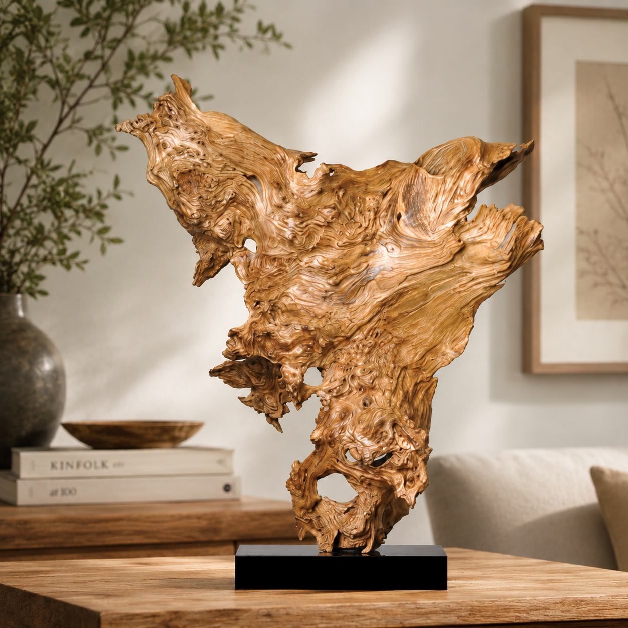 Large Natural Driftwood Sculpture on Black Base, Abstract Root Wood Art, Organic Wabi Sabi Home Decor, Unique Wooden Centerpiece