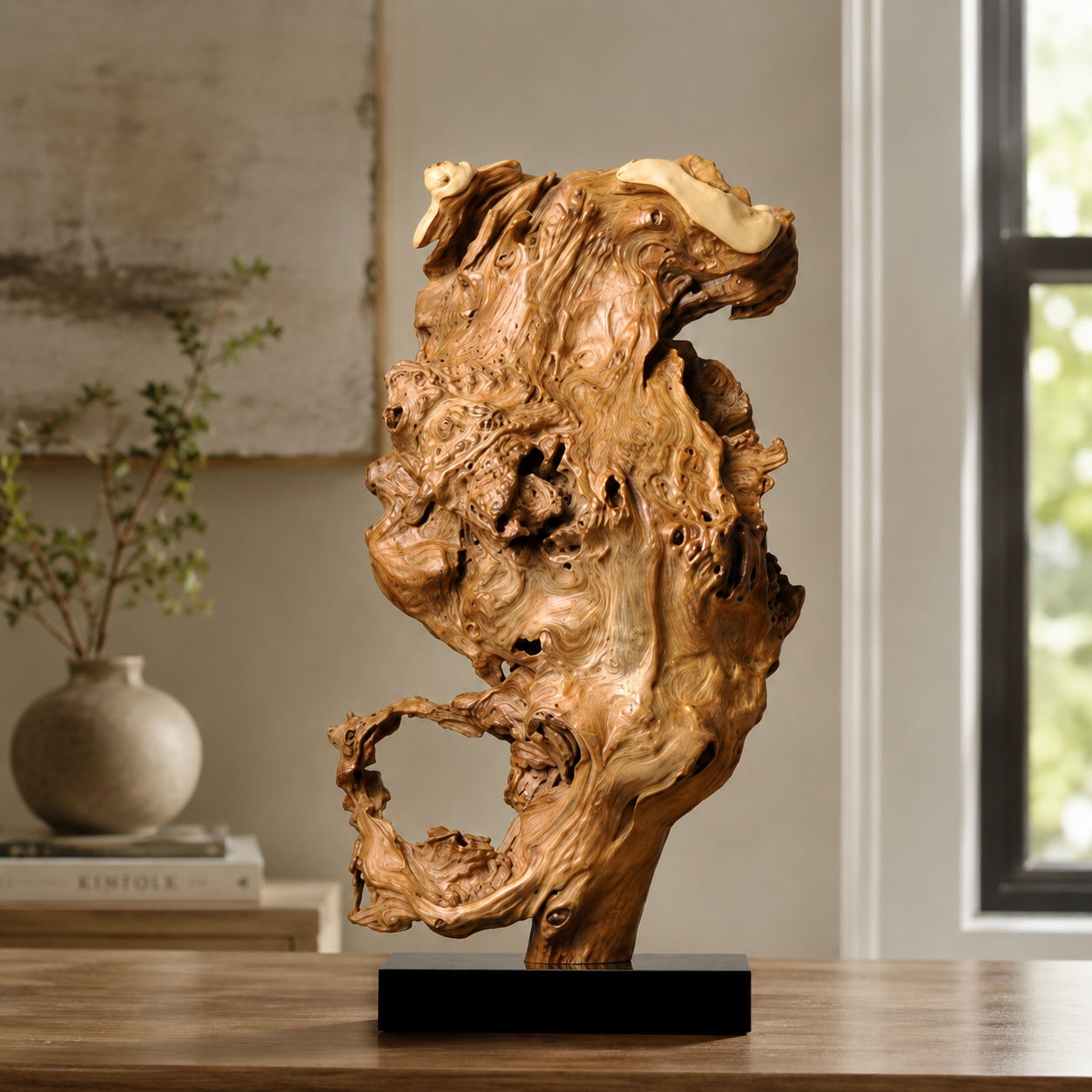 Large Natural Driftwood Sculpture on Black Base, Abstract Wood Root Carving, Organic Wabi Sabi Home Decor, Rustic Wooden Art Statue
