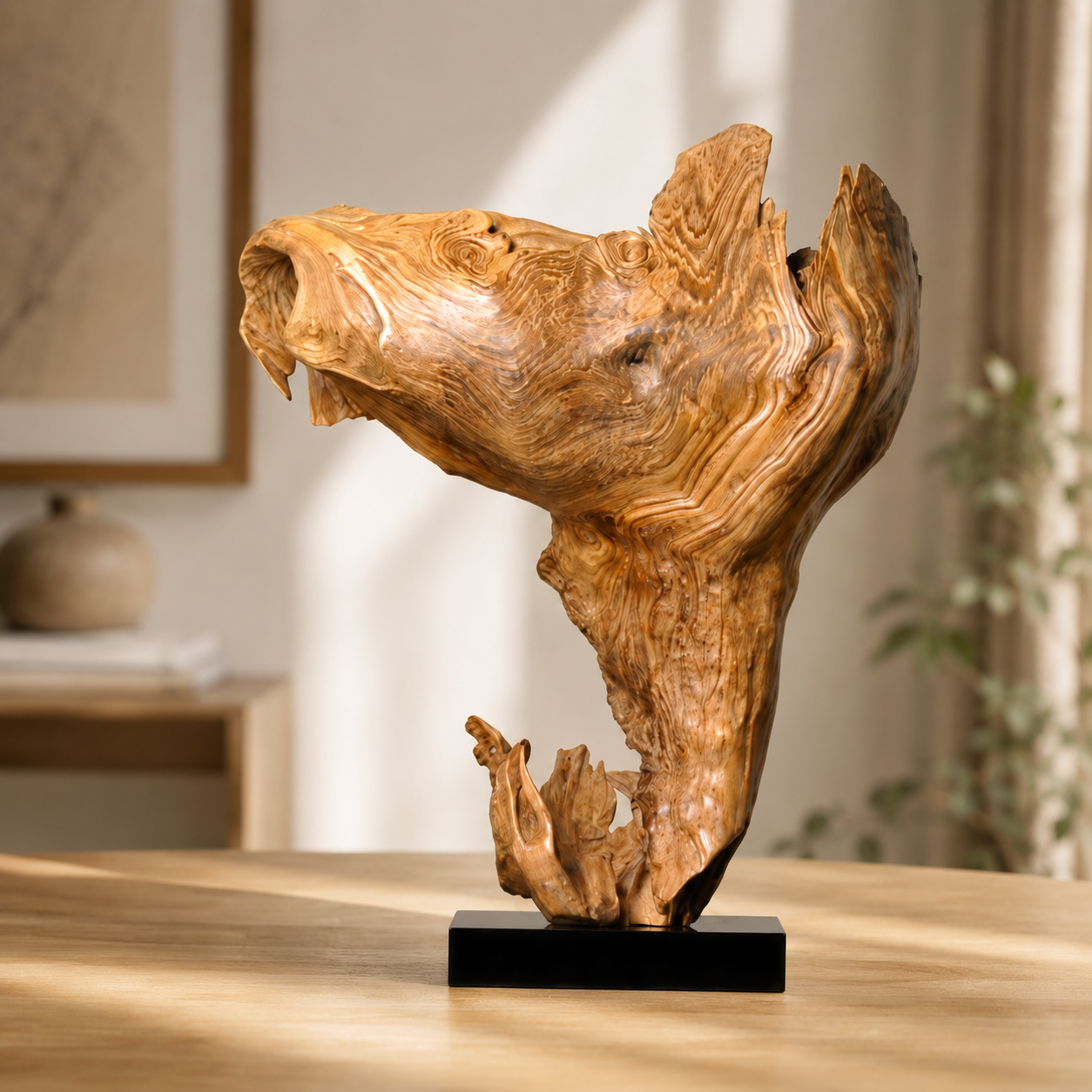 Large Natural Driftwood Sculpture on Black Base, Abstract Root Wood Art, Organic Wabi Sabi Home Decor, Unique Statement Wood Statue