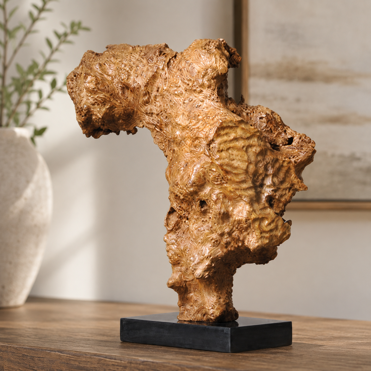 Natural Root Wood Sculpture on Black Base, Burl Wood Art Decor, Organic Wabi Sabi Home Decor, Rustic Luxury Shelf Decor