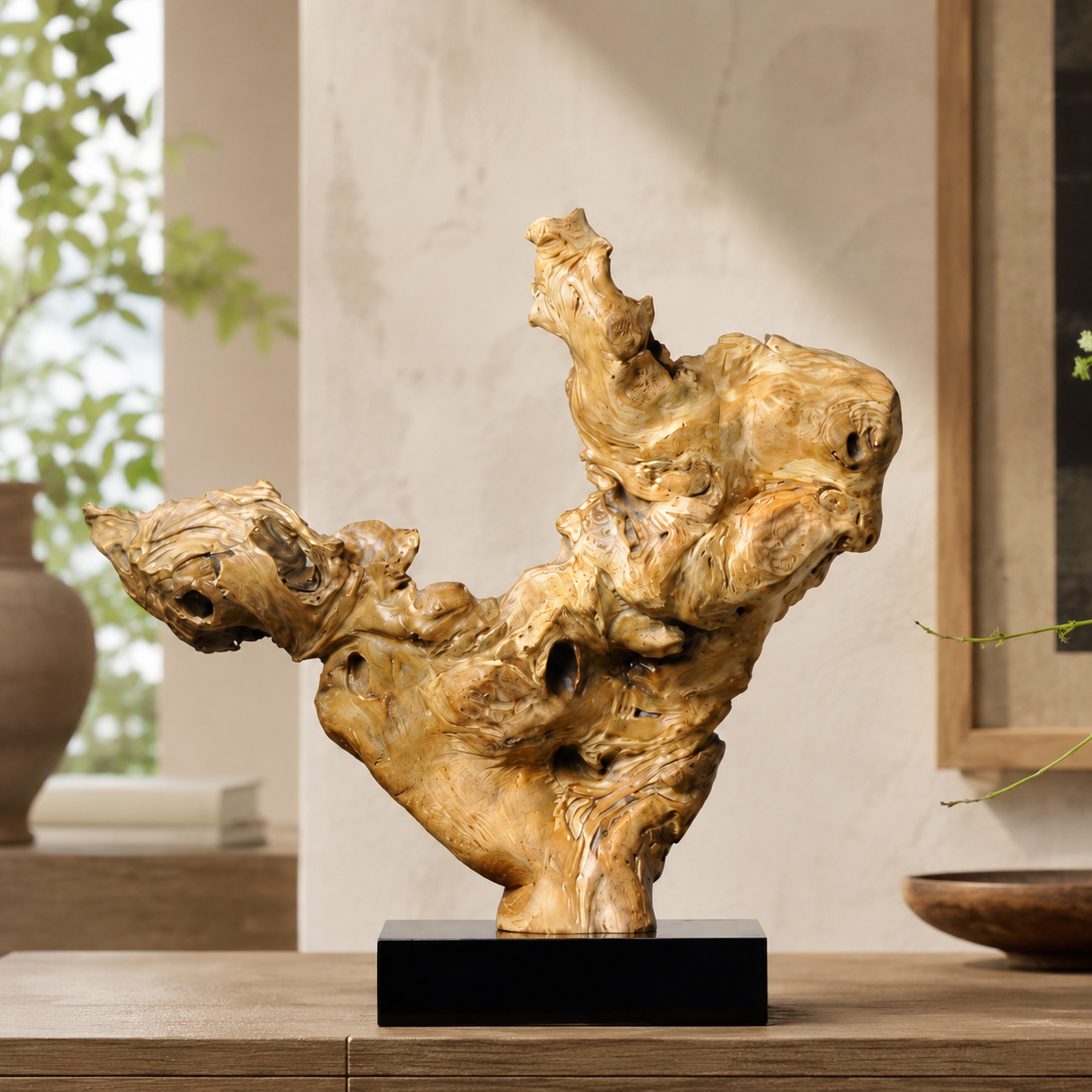 Natural Root Wood Sculpture on Black Base, Abstract Burl Wood Art, Organic Wabi Sabi Home Decor, Rustic Modern Shelf Decor
