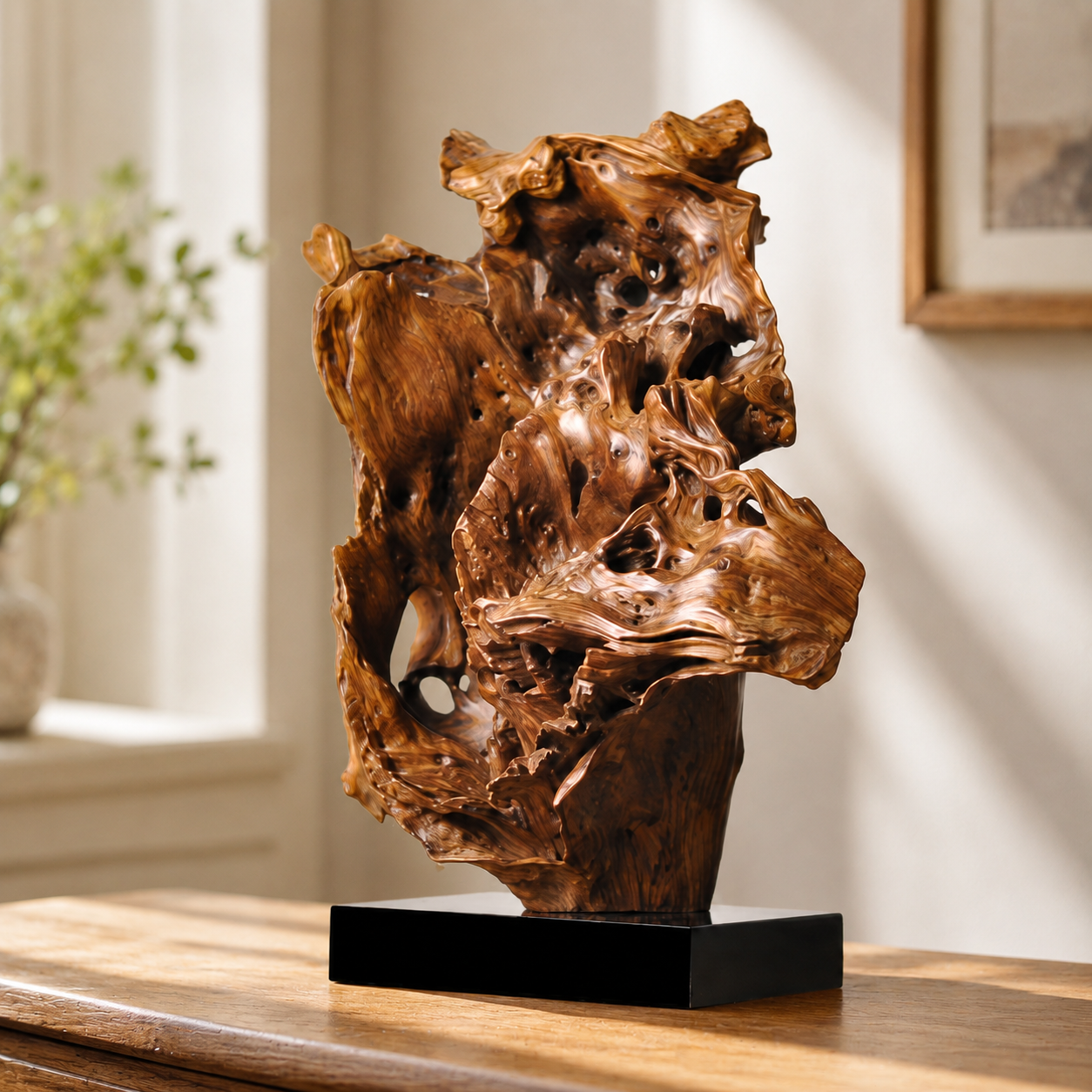 Natural Driftwood Sculpture on Black Base, Abstract Root Wood Carving, Organic Wooden Art Decor, Wabi Sabi Home Accent, Unique Table Sculpture