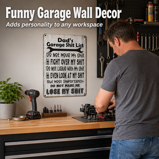 Dad’s Garage Shit List Metal Sign – Funny Garage Wall Decor Gift for Dad, Husband, Grandpa & Man Cave
