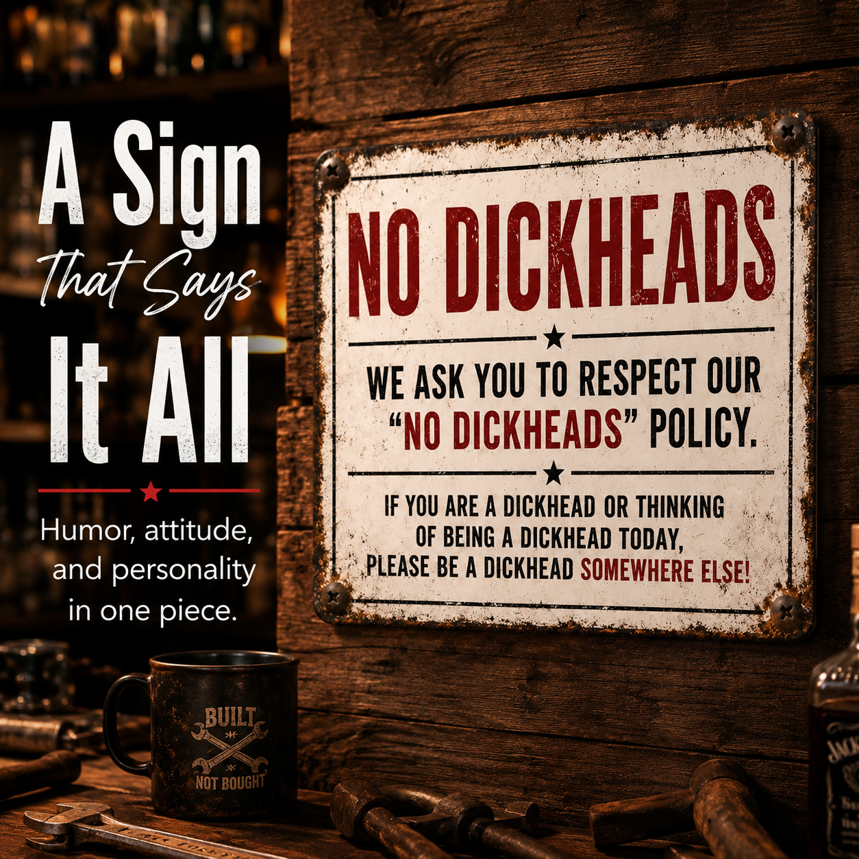 No Dickheads Policy Metal Sign – Funny Rustic Garage Wall Decor