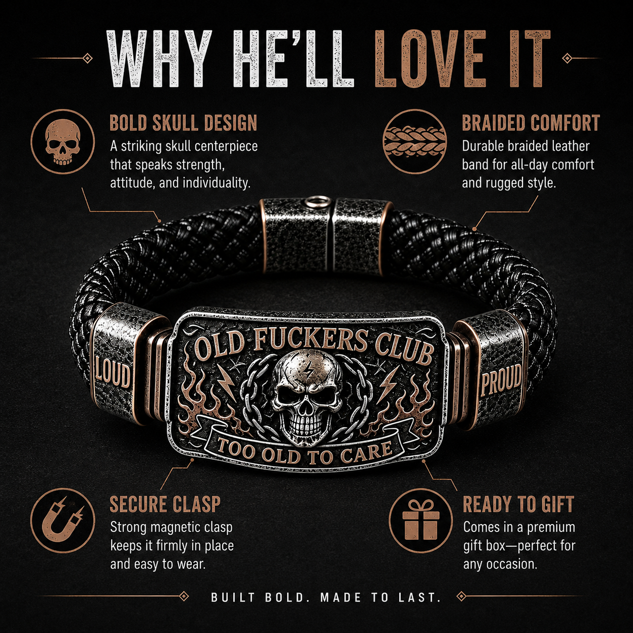 Old Fuckers Club Vintage Skull Flame Biker Braided Bracelet