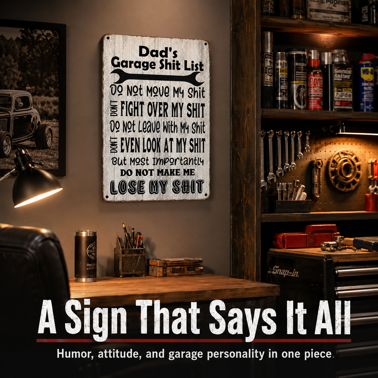 Dad’s Garage Shit List Metal Sign – Funny Garage Wall Decor Gift for Dad, Husband, Grandpa & Man Cave