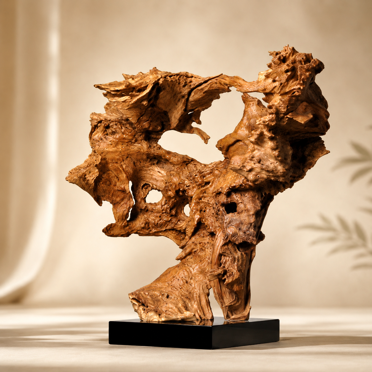 Large Natural Driftwood Sculpture on Black Base, Abstract Root Wood Carving, Organic Wabi Sabi Home Decor, Rustic Luxury Wood Art
