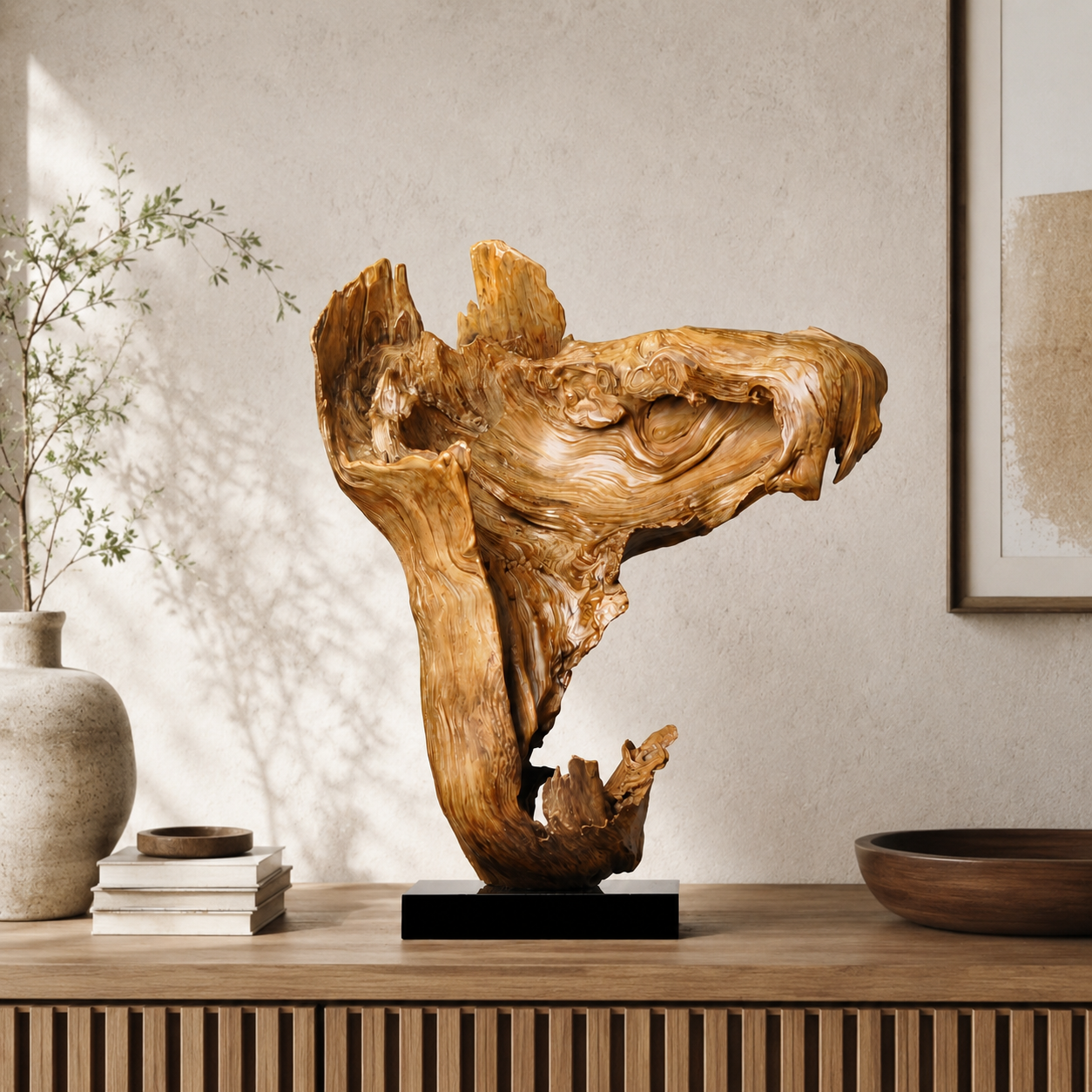 Large Natural Driftwood Sculpture on Black Base, Abstract Root Wood Art, Organic Wabi Sabi Home Decor, Unique Statement Wood Statue
