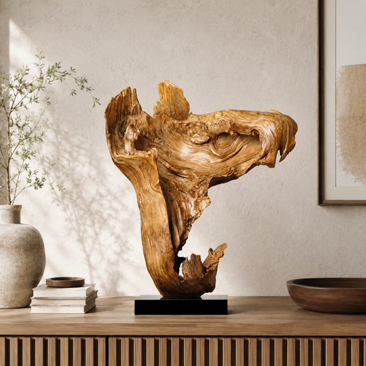 Large Natural Driftwood Sculpture on Black Base, Abstract Root Wood Art, Organic Wabi Sabi Home Decor, Unique Statement Wood Statue