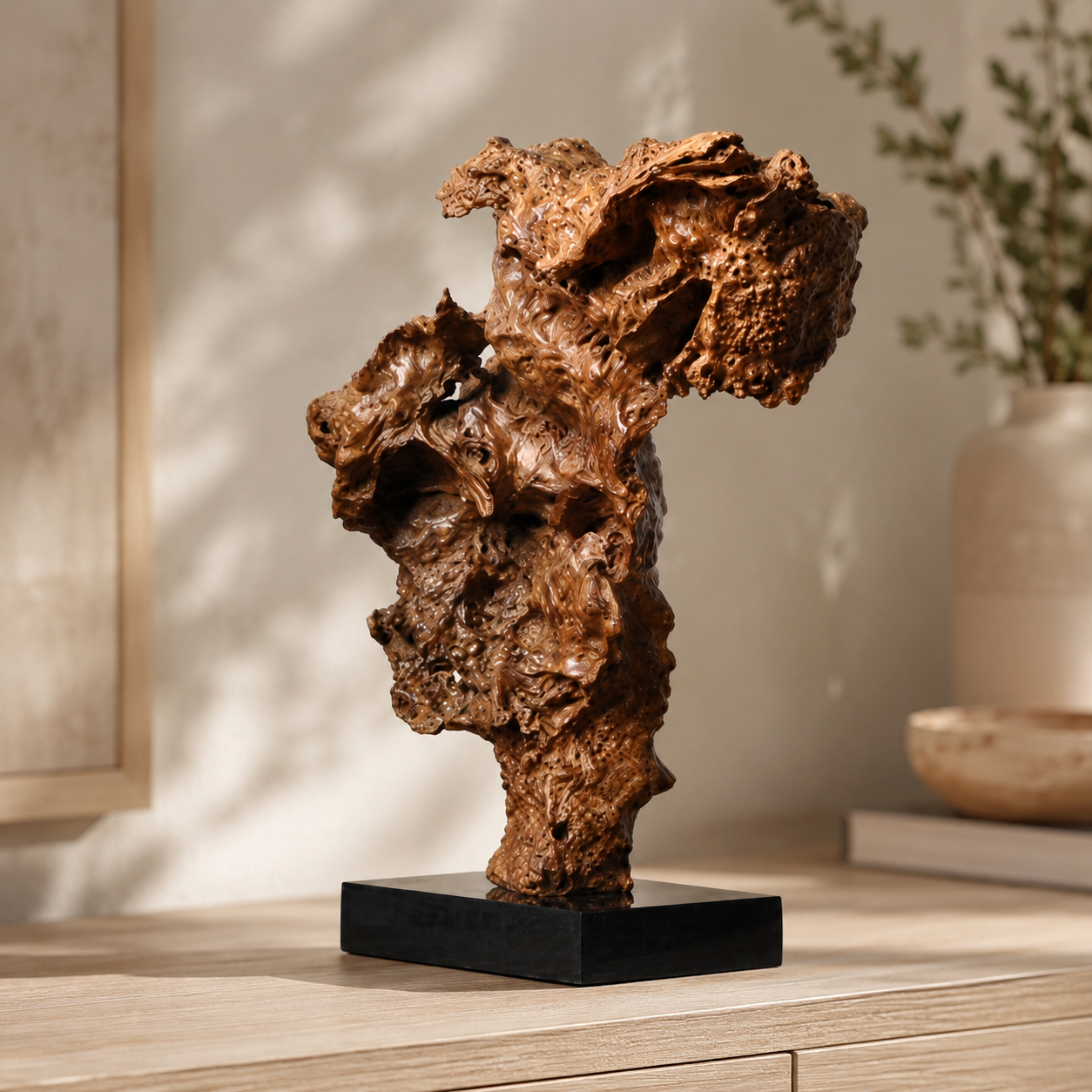 Natural Root Wood Sculpture on Black Base, Burl Wood Art Decor, Organic Wabi Sabi Home Decor, Rustic Luxury Shelf Decor