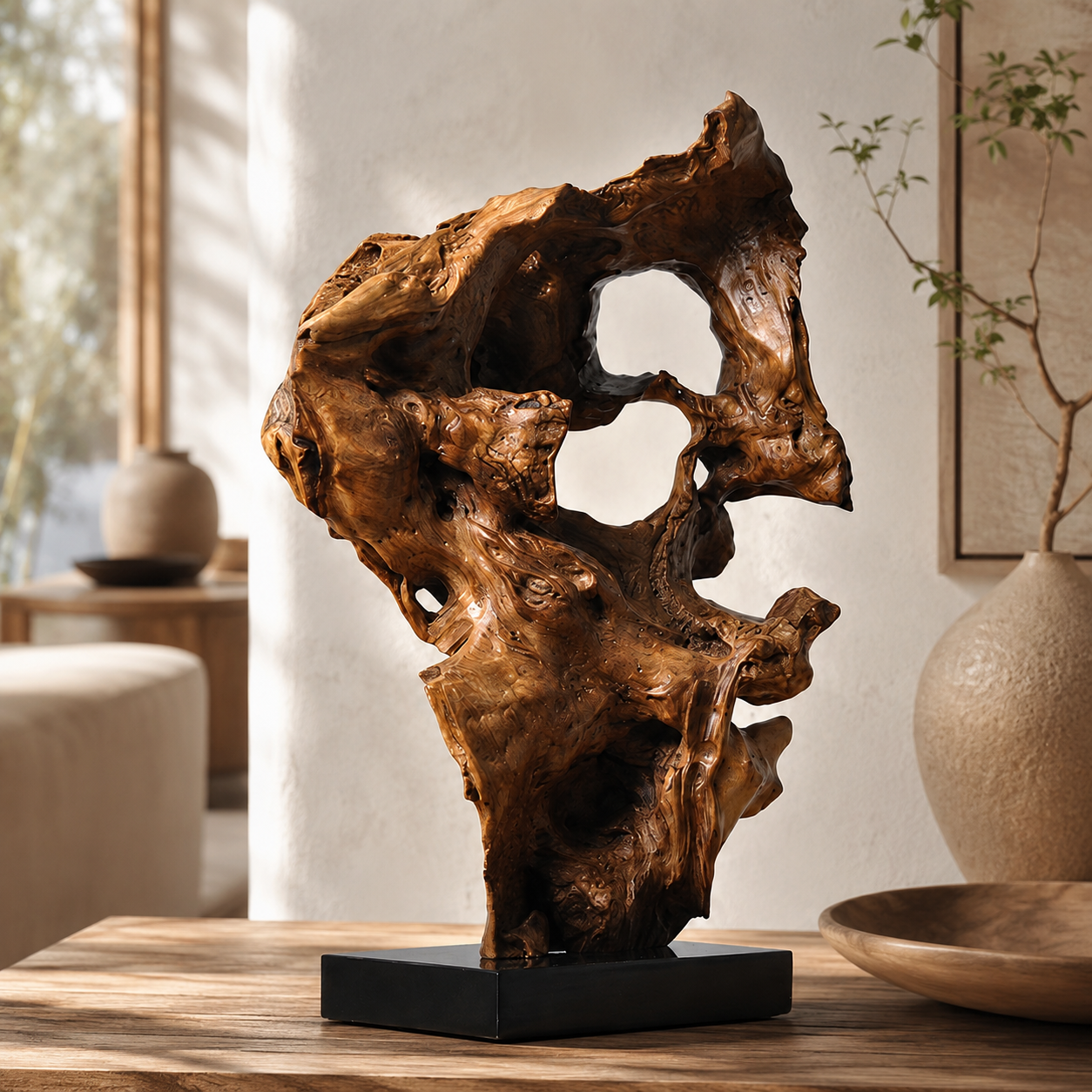 Natural Root Wood Sculpture on Black Base, Abstract Burl Wood Art, Organic Wabi Sabi Home Decor, Rustic Luxury Shelf Decor