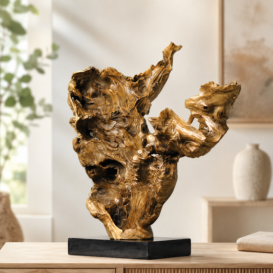 Natural Root Wood Sculpture on Black Base, Abstract Burl Wood Art, Organic Wabi Sabi Home Decor, Rustic Modern Shelf Decor