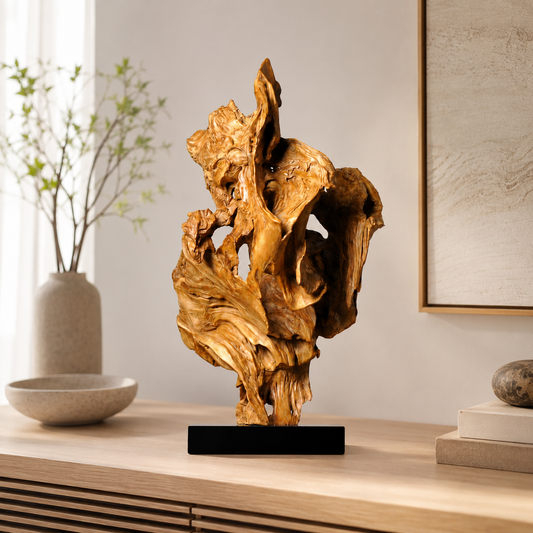 Large Natural Driftwood Sculpture on Black Base, Abstract Wood Root Carving Art, Organic Wabi Sabi Home Decor, Unique Wooden Table Sculpture