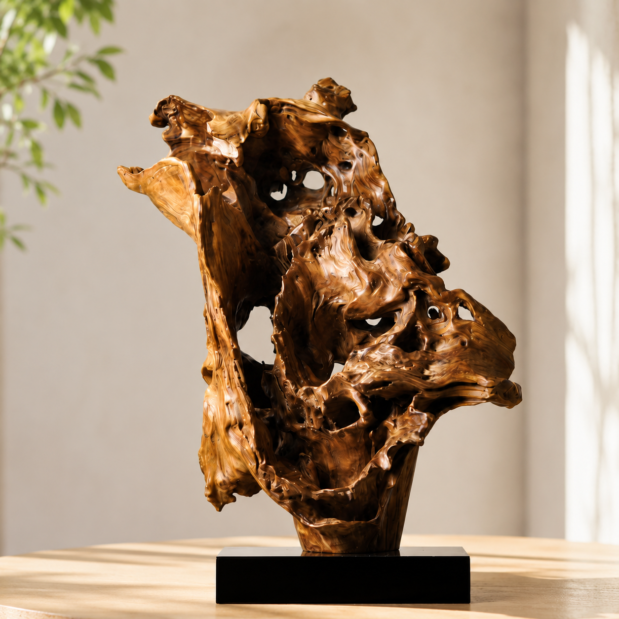 Natural Driftwood Sculpture on Black Base, Abstract Root Wood Carving, Organic Wooden Art Decor, Wabi Sabi Home Accent, Unique Table Sculpture