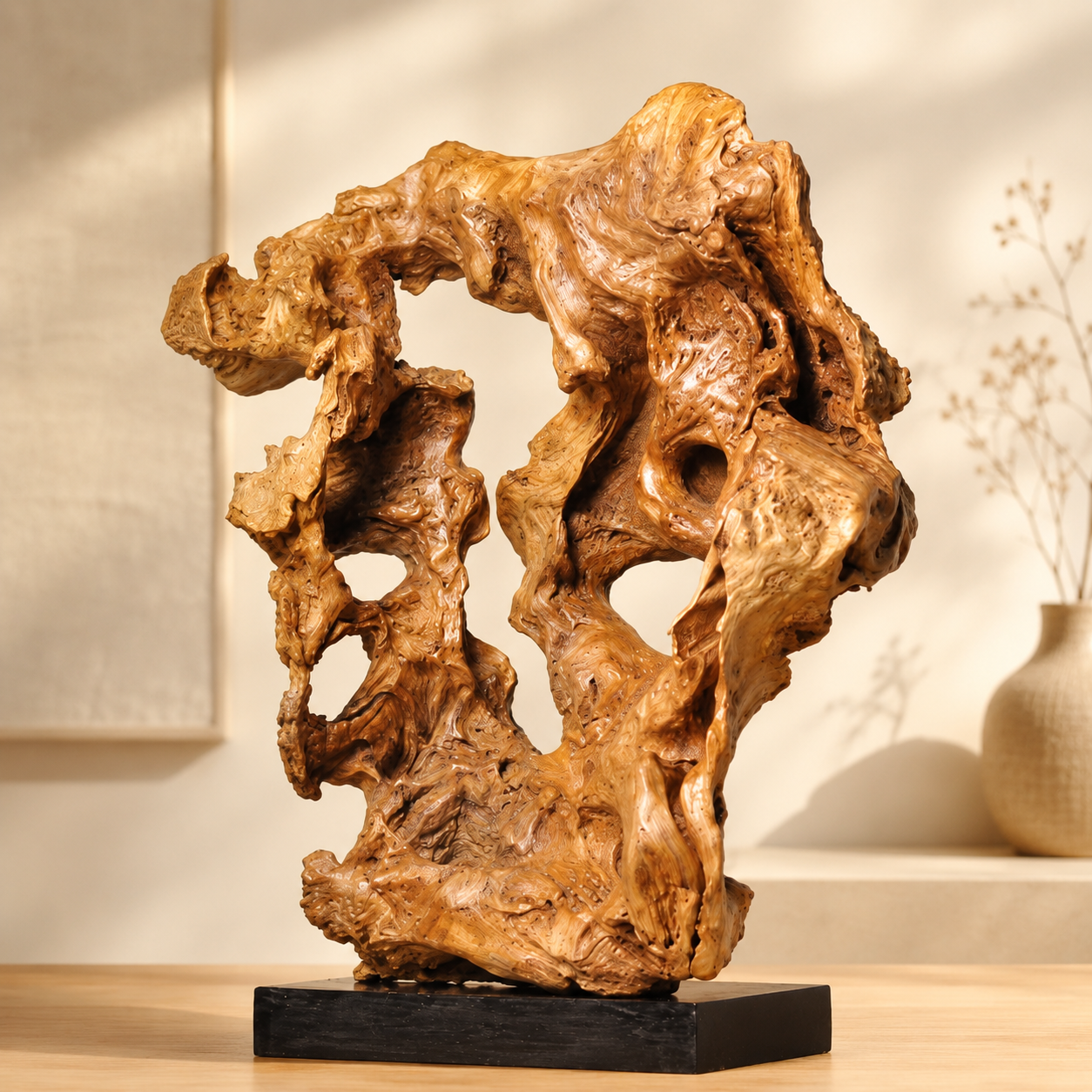 Large Natural Root Wood Sculpture on Black Base, Abstract Driftwood Art, Wabi Sabi Organic Home Decor, Rustic Luxury Shelf Decor