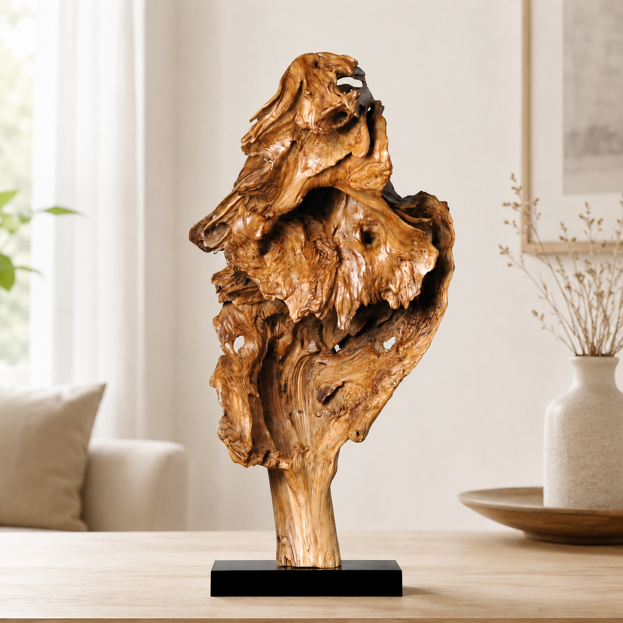 Large Natural Driftwood Sculpture on Black Base, Abstract Root Wood Art, Organic Wabi Sabi Home Decor, Unique Wooden Centerpiece