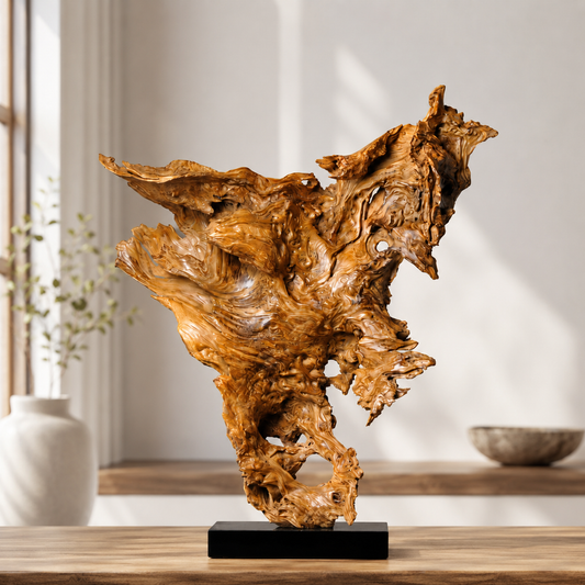 Large Natural Driftwood Sculpture on Black Base, Abstract Root Wood Art, Organic Wabi Sabi Home Decor, Unique Wooden Centerpiece