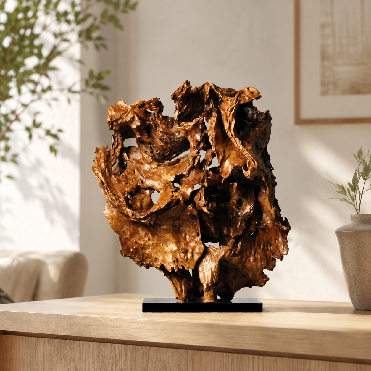 Large Natural Driftwood Sculpture on Black Base, Abstract Wood Root Carving, Organic Wabi Sabi Home Decor, Rustic Modern Statement Art