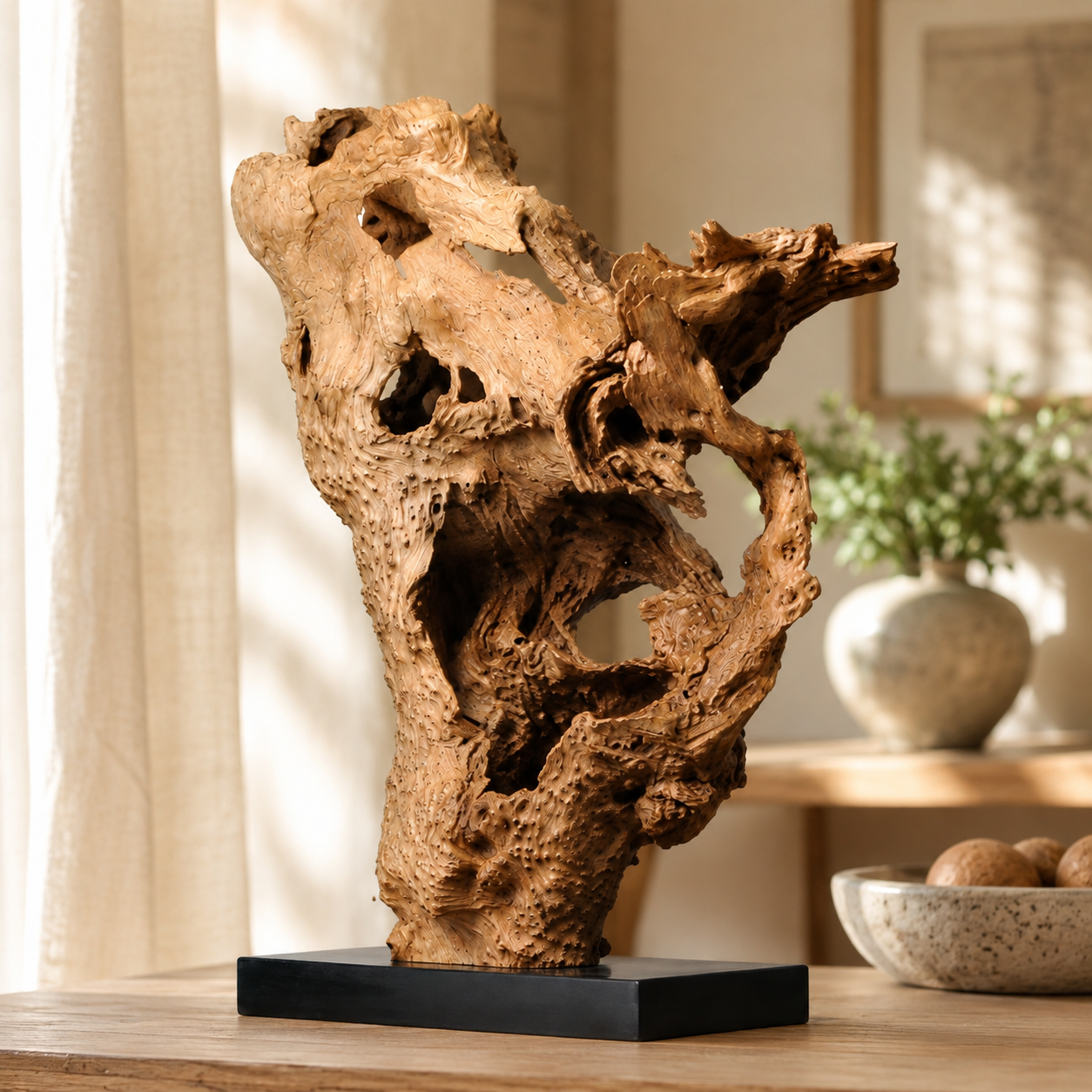 Large Natural Root Wood Sculpture on Black Base, Abstract Driftwood Art, Wabi Sabi Organic Home Decor, Rustic Shelf Decor