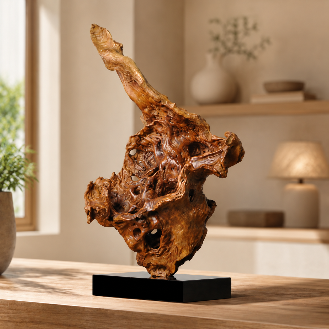 Natural Root Wood Sculpture on Black Base, Abstract Burl Wood Art, Organic Wabi Sabi Decor, Rustic Luxury Shelf Decor