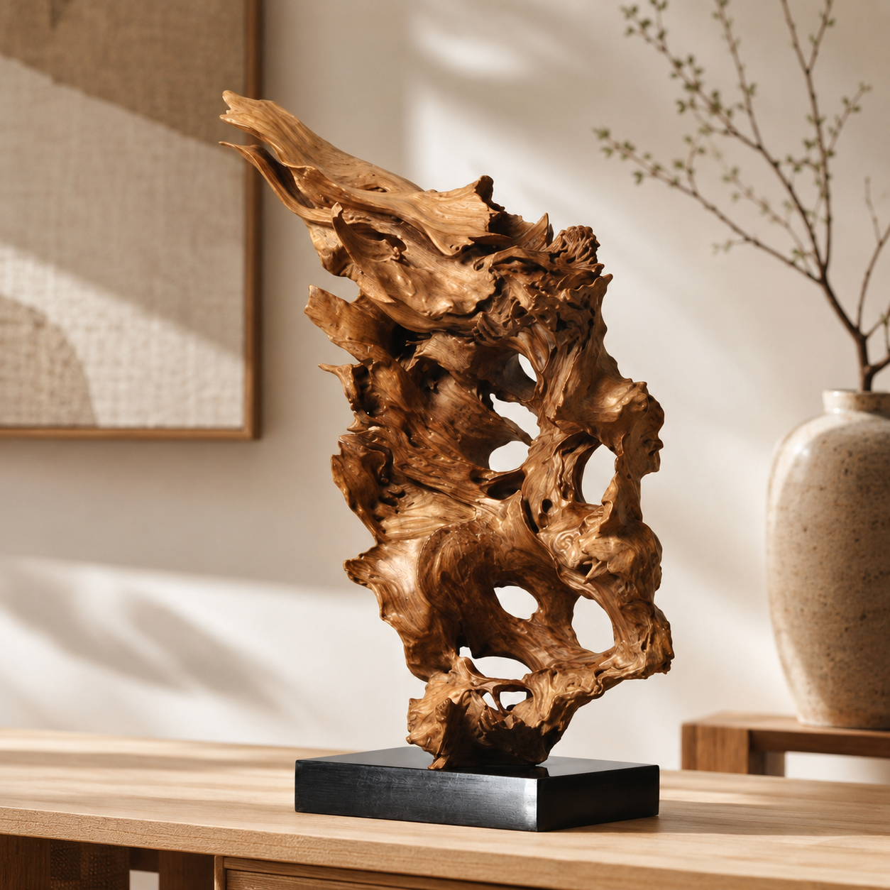Natural Root Wood Sculpture on Black Base, Abstract Burl Wood Art, Organic Wabi Sabi Decor, Rustic Luxury Shelf Decor
