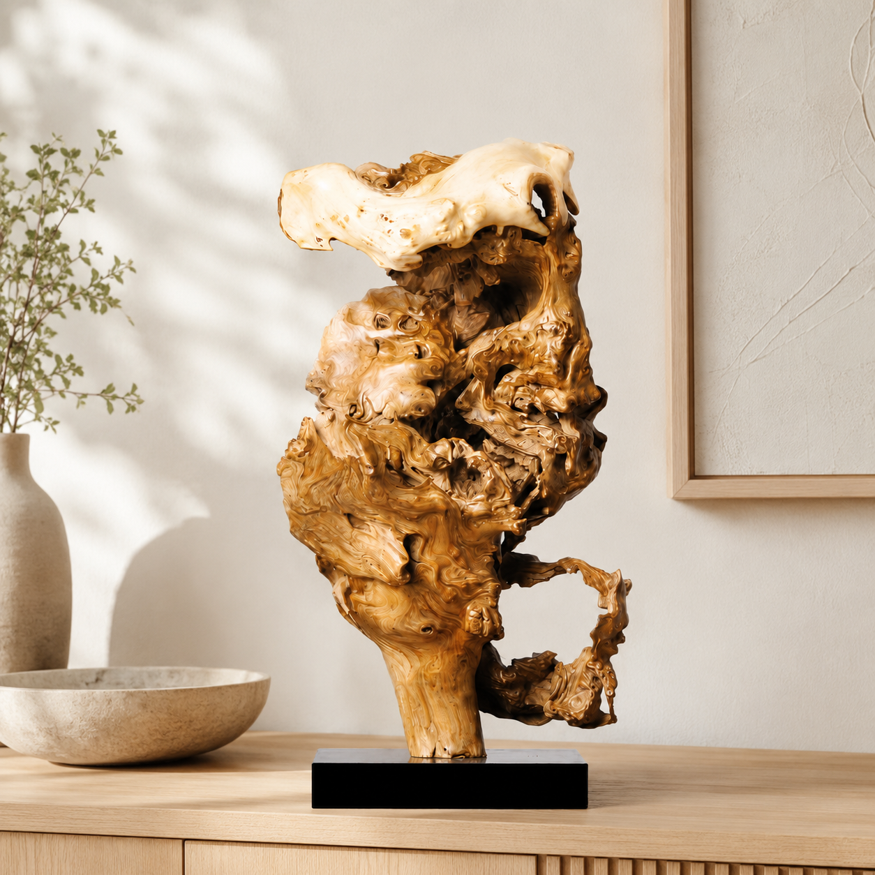Large Natural Driftwood Sculpture on Black Base, Abstract Wood Root Carving, Organic Wabi Sabi Home Decor, Rustic Wooden Art Statue