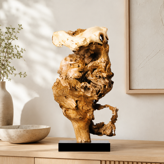 Large Natural Driftwood Sculpture on Black Base, Abstract Wood Root Carving, Organic Wabi Sabi Home Decor, Rustic Wooden Art Statue