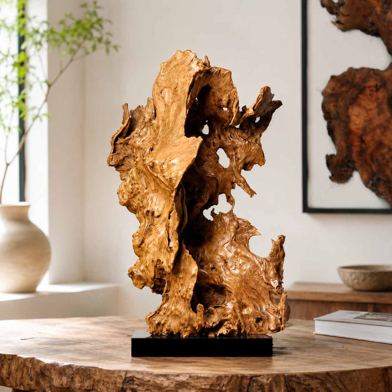 Large Natural Driftwood Sculpture on Black Base, Abstract Wood Root Art, Organic Wabi Sabi Home Decor, Unique Wooden Table Centerpiece