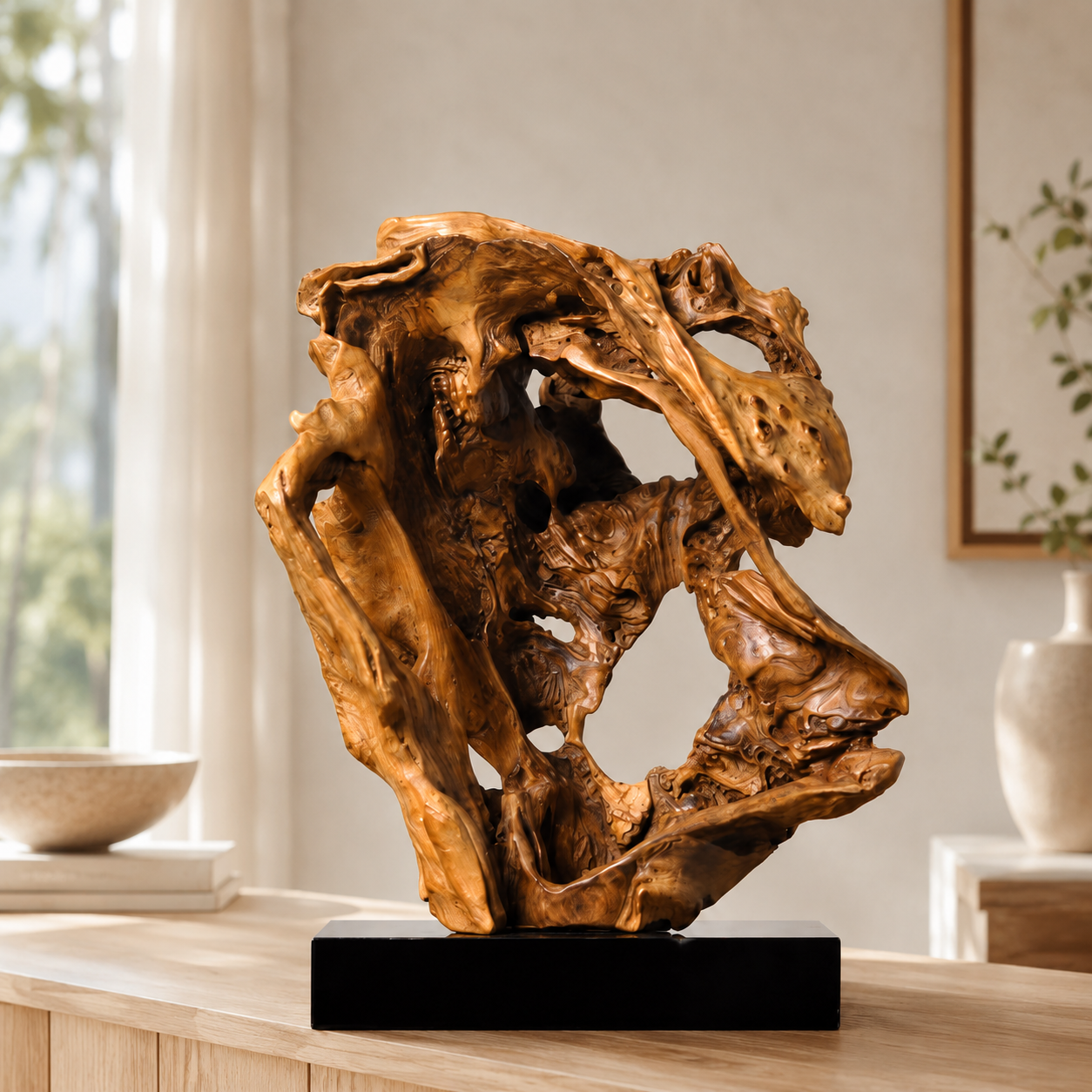 Natural Driftwood Sculpture on Black Base, Abstract Wood Root Carving Art, Organic Wabi Sabi Home Decor, Rustic Wooden Statue, Zen Table Decor