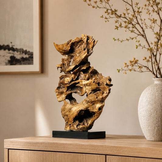 Natural Root Wood Sculpture on Black Base, Abstract Burl Wood Art, Organic Wabi Sabi Decor, Rustic Luxury Shelf Decor
