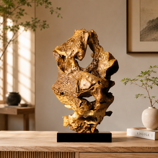 Natural Driftwood Sculpture on Black Base, Abstract Wood Root Carving, Organic Wabi Sabi Home Decor, Rustic Wooden Art Statue