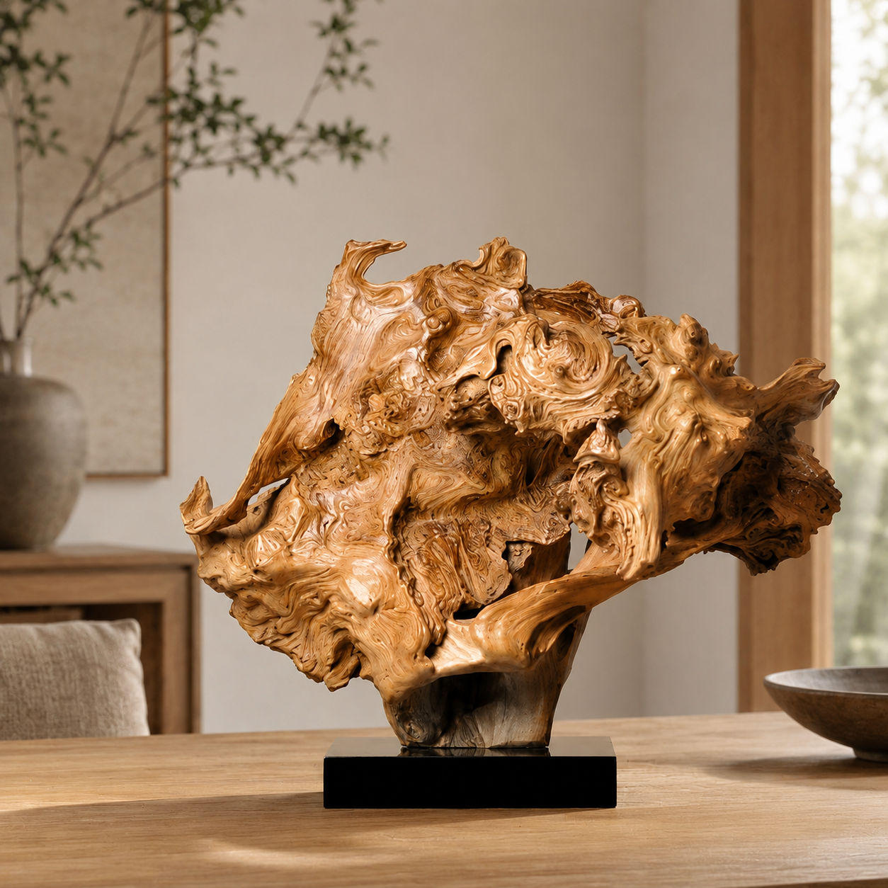 Natural Driftwood Sculpture on Black Base, Abstract Wood Art Decor, Organic Root Carving, Wabi Sabi Home Accent, Unique Wooden Table Sculpture