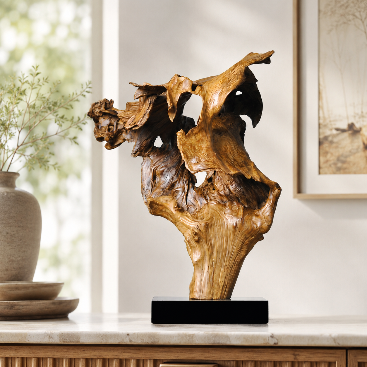 Large Natural Driftwood Sculpture on Black Base, Abstract Wood Root Carving, Organic Wabi Sabi Home Decor, Rustic Wooden Art Centerpiece