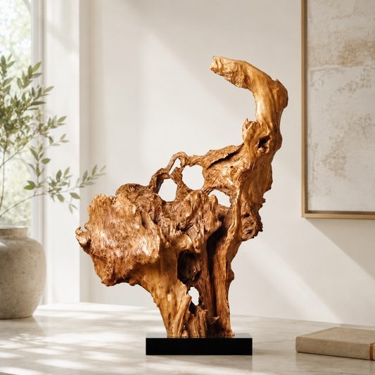 Large Natural Driftwood Sculpture on Black Base, Abstract Wood Art, Organic Root Carving, Wabi Sabi Home Decor, Unique Wooden Statement Piece