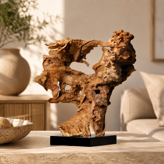 Large Natural Driftwood Sculpture on Black Base, Abstract Root Wood Carving, Organic Wabi Sabi Home Decor, Rustic Luxury Wood Art