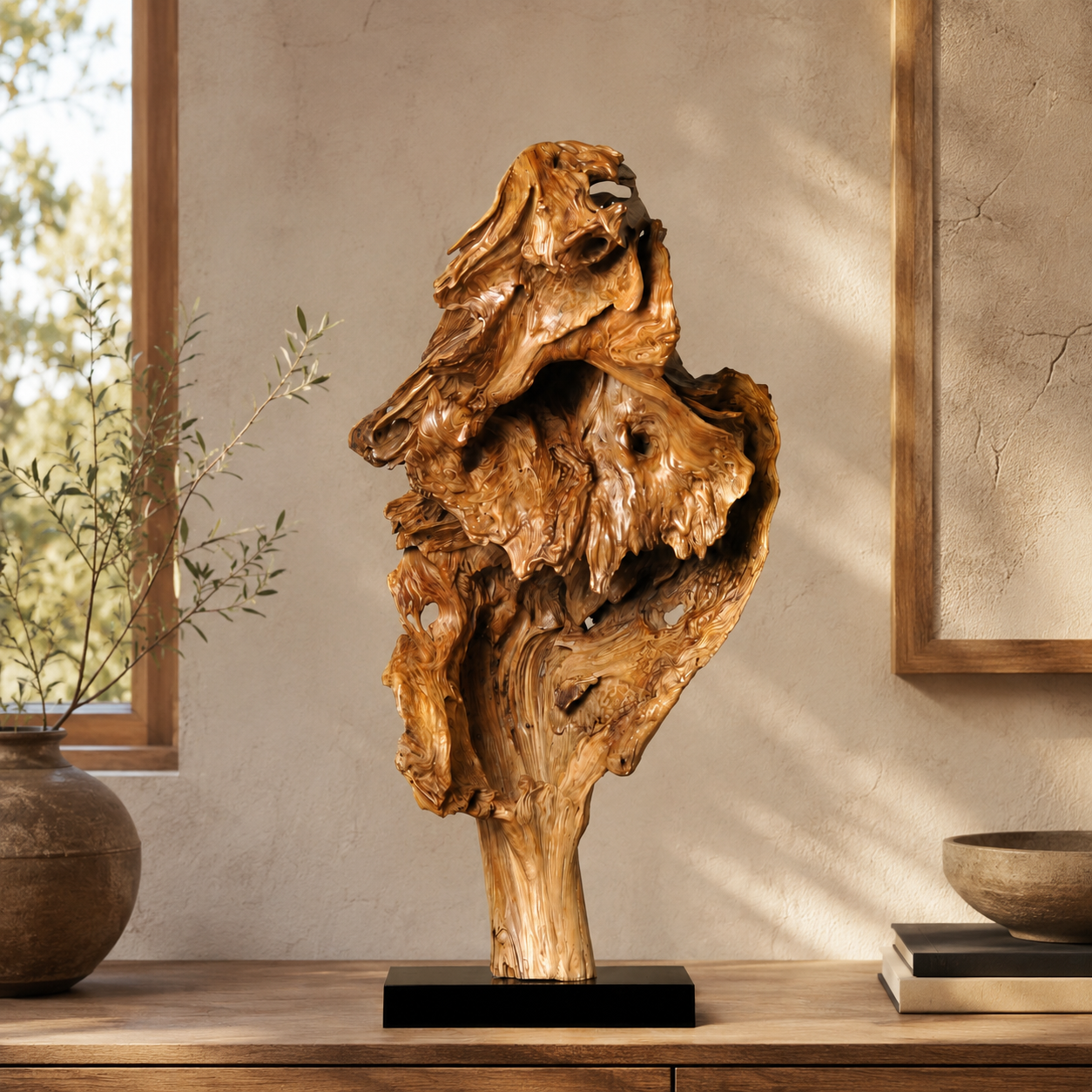 Large Natural Driftwood Sculpture on Black Base, Abstract Root Wood Art, Organic Wabi Sabi Home Decor, Unique Wooden Centerpiece