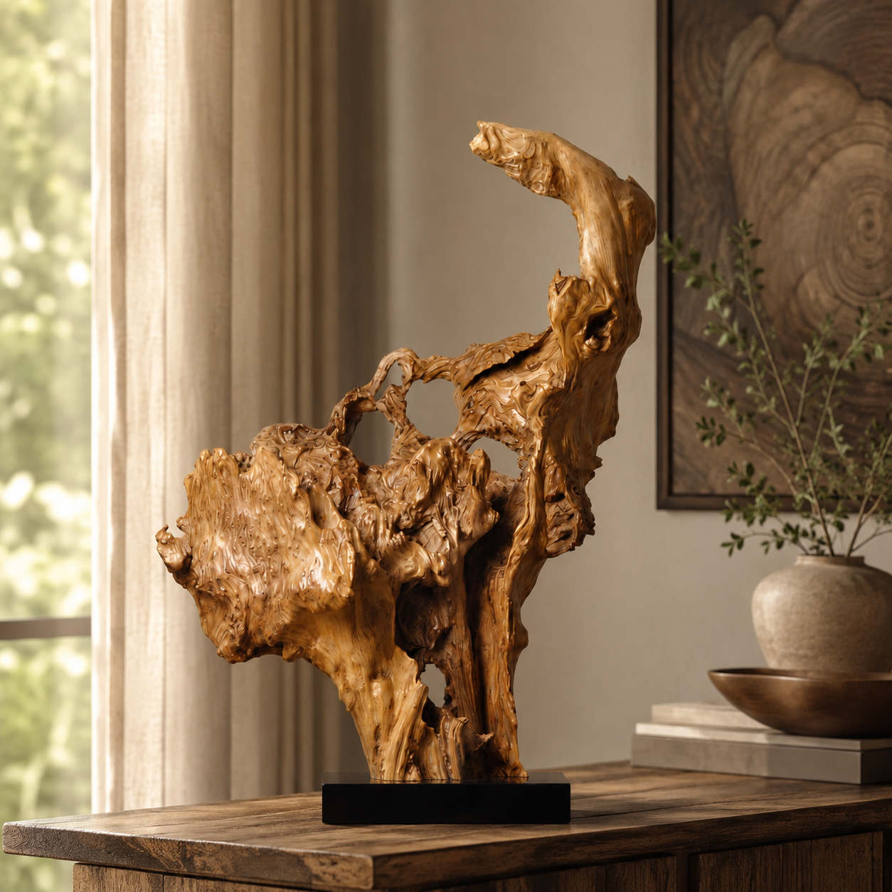Large Natural Driftwood Sculpture on Black Base, Abstract Wood Art, Organic Root Carving, Wabi Sabi Home Decor, Unique Wooden Statement Piece