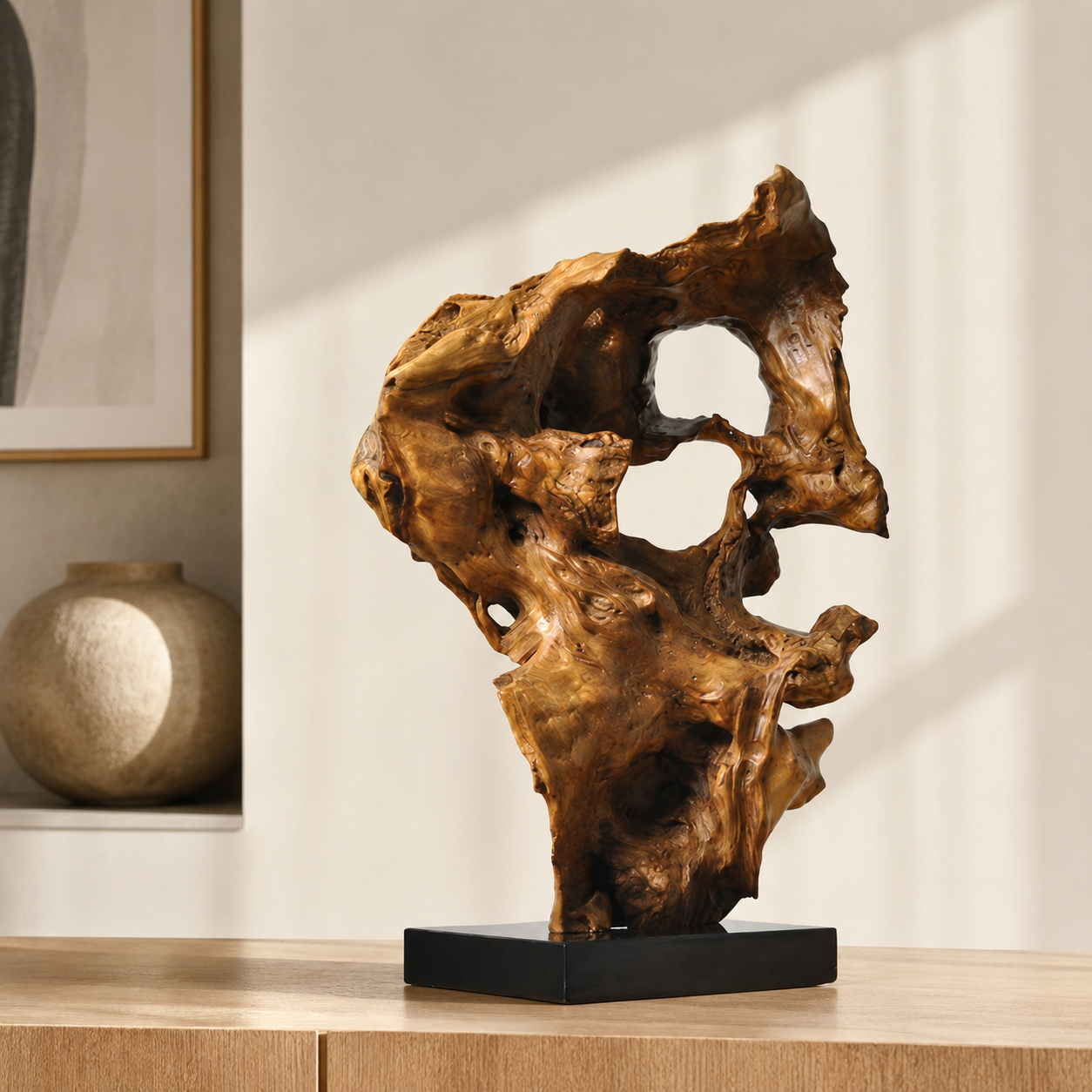 Natural Root Wood Sculpture on Black Base, Abstract Burl Wood Art, Organic Wabi Sabi Home Decor, Rustic Luxury Shelf Decor
