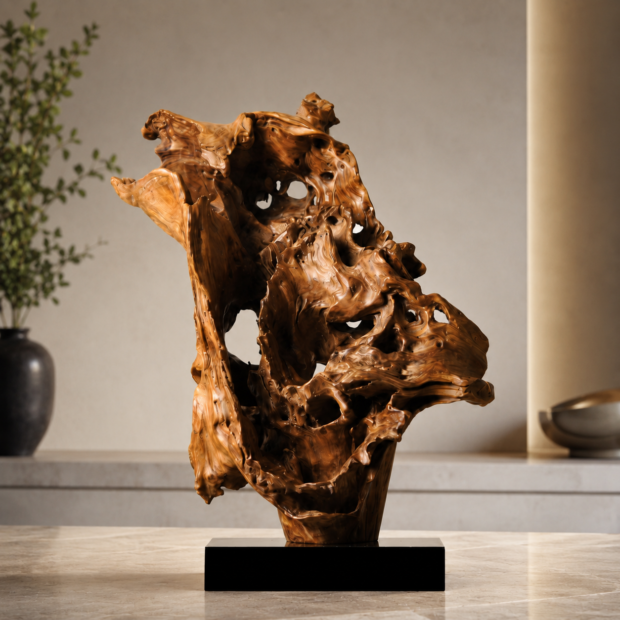Natural Driftwood Sculpture on Black Base, Abstract Root Wood Carving, Organic Wooden Art Decor, Wabi Sabi Home Accent, Unique Table Sculpture
