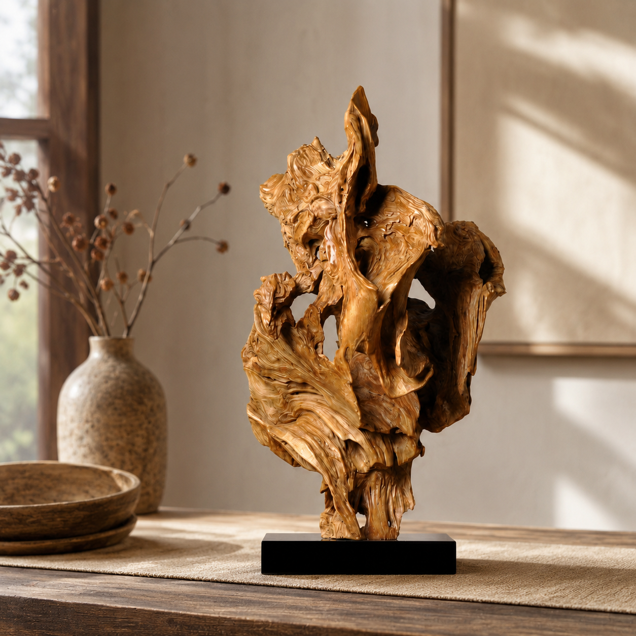 Large Natural Driftwood Sculpture on Black Base, Abstract Wood Root Carving Art, Organic Wabi Sabi Home Decor, Unique Wooden Table Sculpture