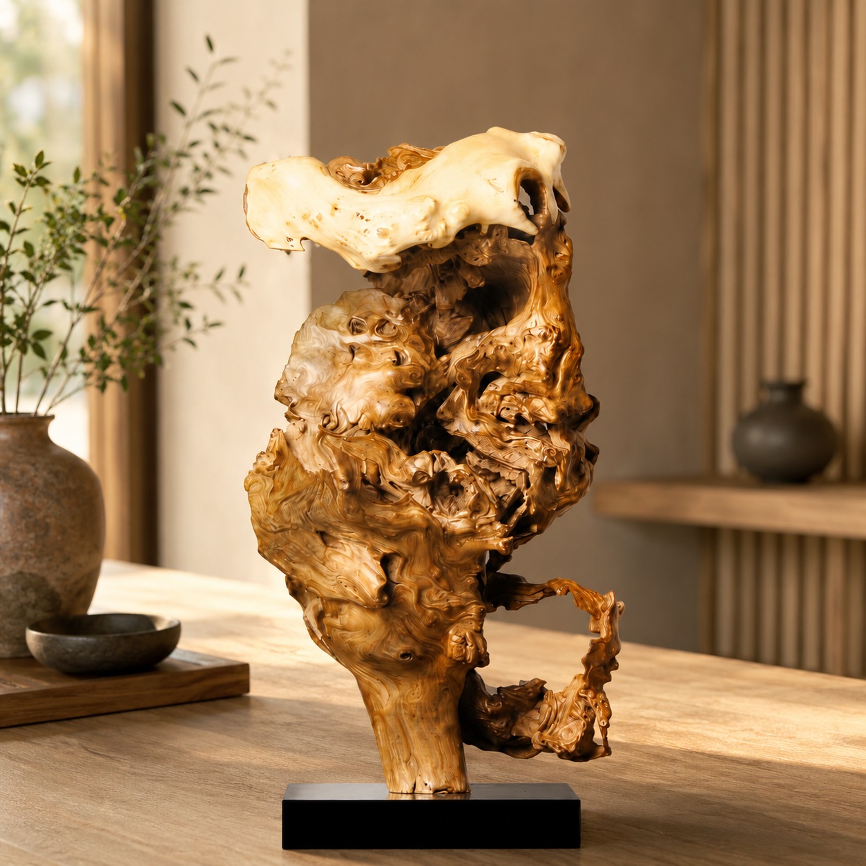 Large Natural Driftwood Sculpture on Black Base, Abstract Wood Root Carving, Organic Wabi Sabi Home Decor, Rustic Wooden Art Statue