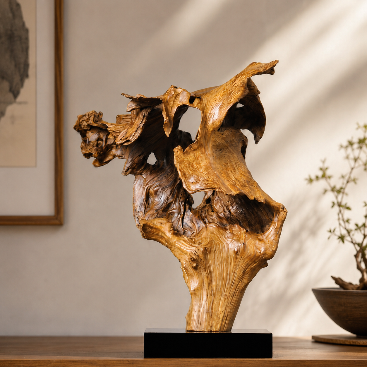 Large Natural Driftwood Sculpture on Black Base, Abstract Wood Root Carving, Organic Wabi Sabi Home Decor, Rustic Wooden Art Centerpiece