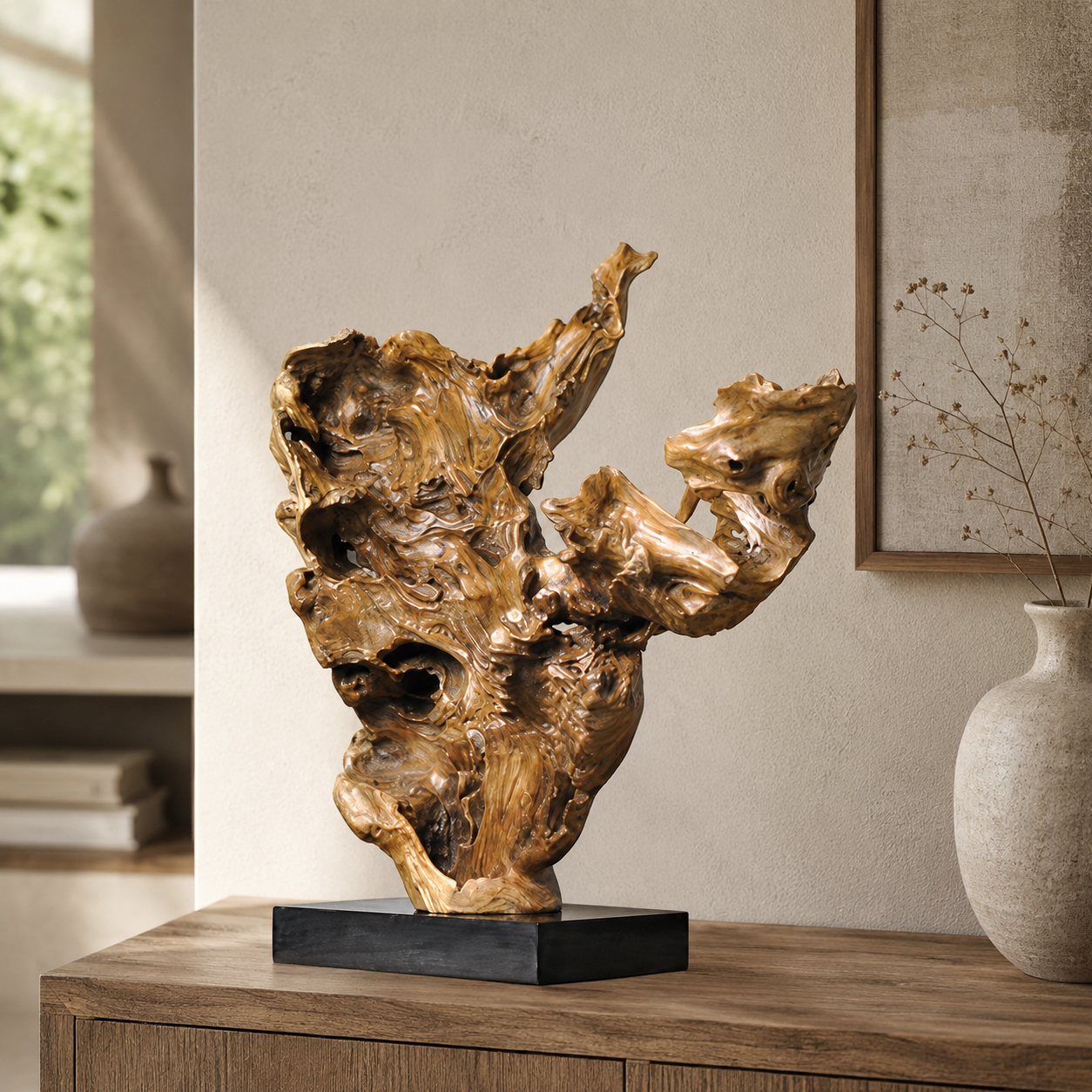 Natural Root Wood Sculpture on Black Base, Abstract Burl Wood Art, Organic Wabi Sabi Home Decor, Rustic Modern Shelf Decor