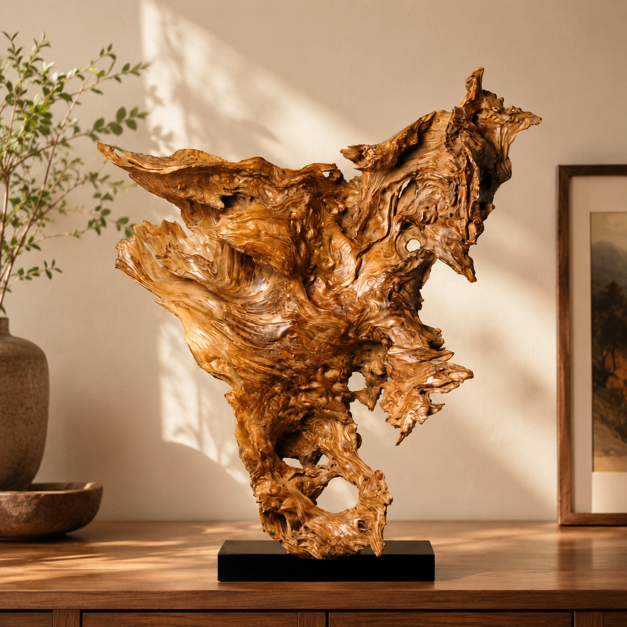 Large Natural Driftwood Sculpture on Black Base, Abstract Root Wood Art, Organic Wabi Sabi Home Decor, Unique Wooden Centerpiece