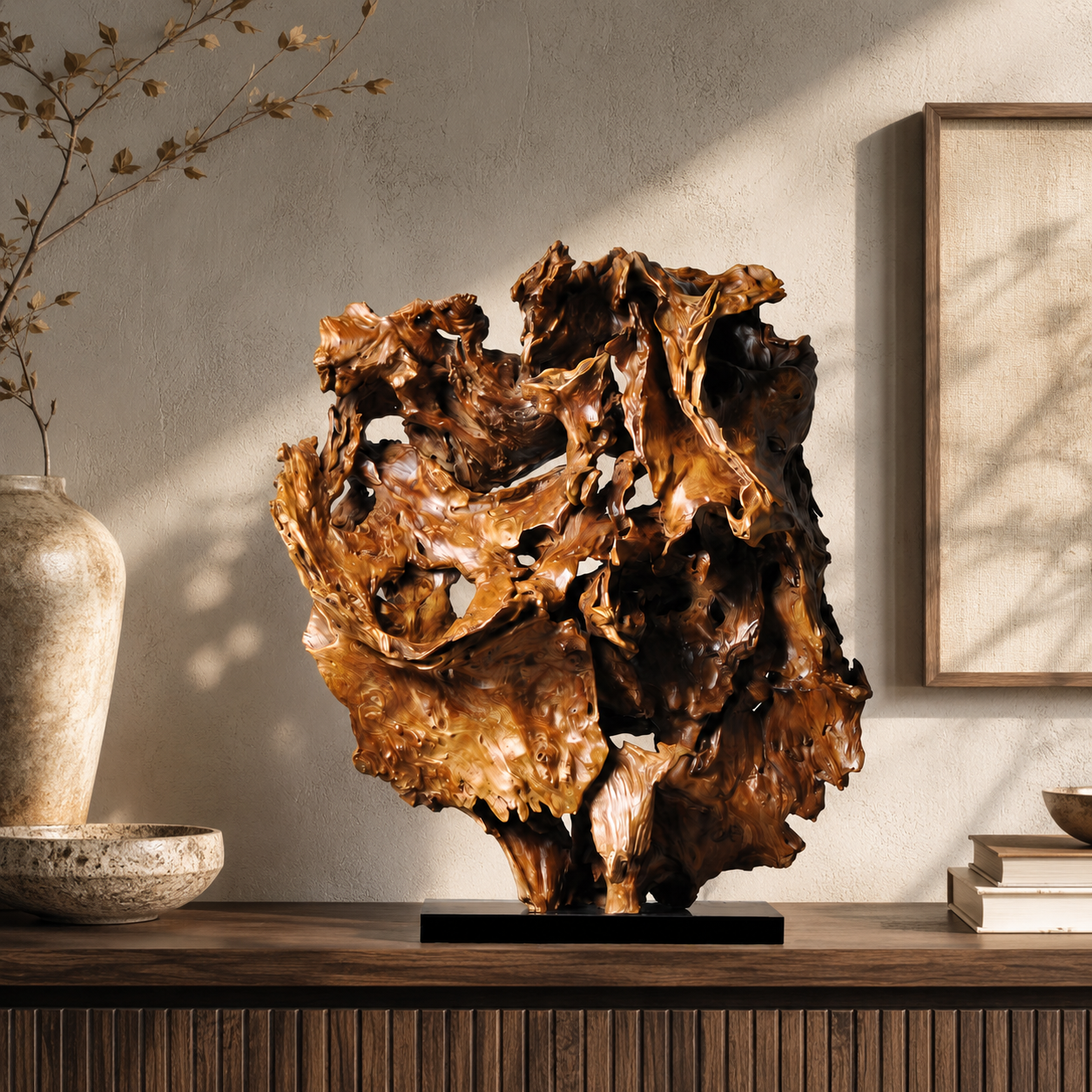 Large Natural Driftwood Sculpture on Black Base, Abstract Wood Root Carving, Organic Wabi Sabi Home Decor, Rustic Modern Statement Art