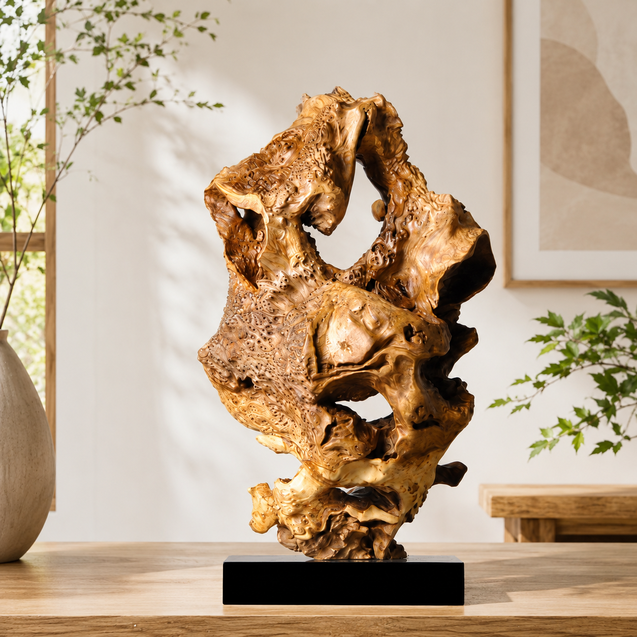 Natural Driftwood Sculpture on Black Base, Abstract Wood Root Carving, Organic Wabi Sabi Home Decor, Rustic Wooden Art Statue